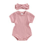 Baby Girl Summer Clothes Ribbed Short Sleeve Romper Solid Color Bodysuits Bow Headband Outfit Newborn Girl Jumpsuit