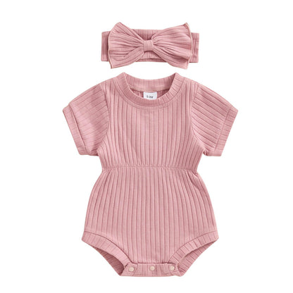 Baby Girl Summer Clothes Ribbed Short Sleeve Romper Solid Color Bodysuits Bow Headband Outfit Newborn Girl Jumpsuit