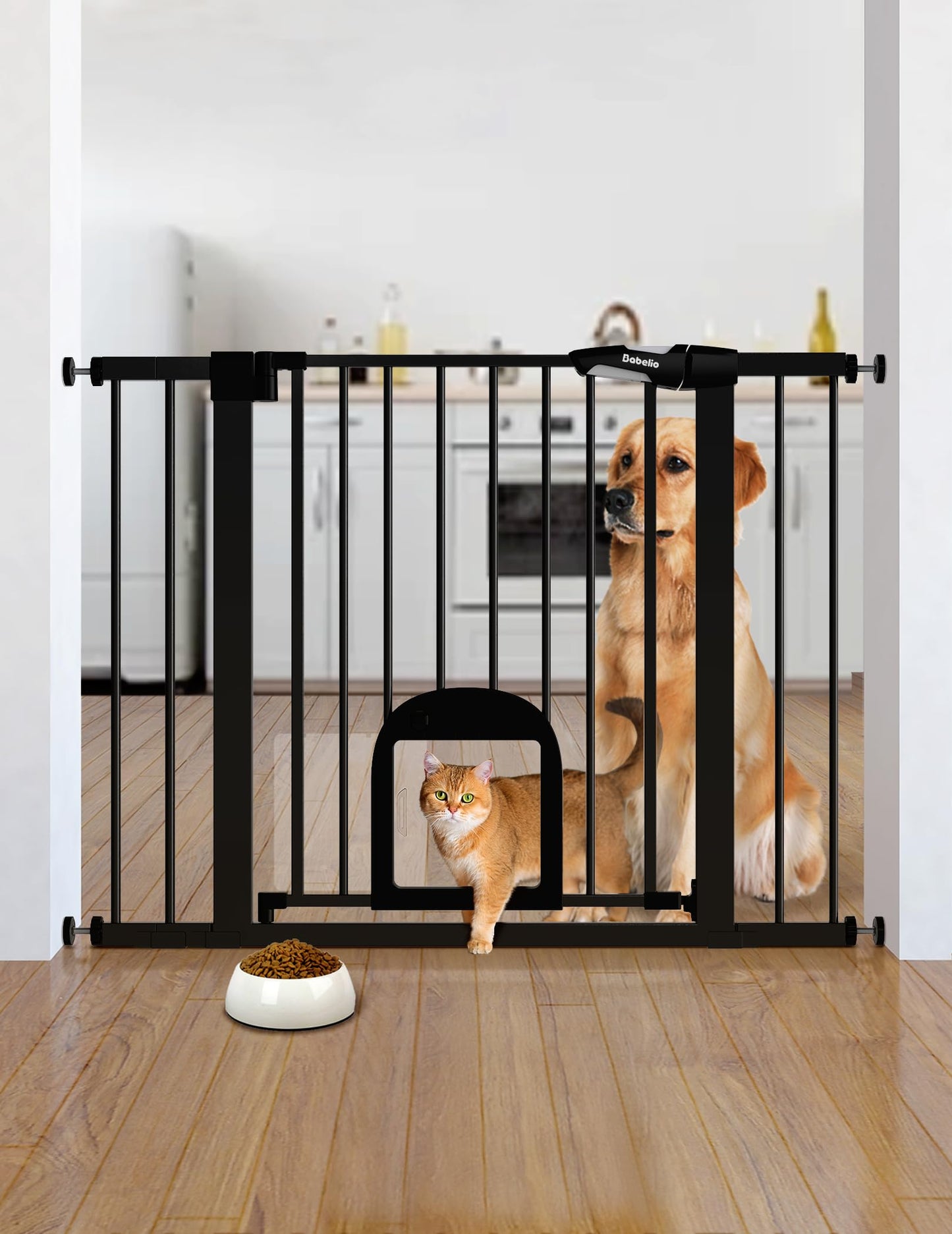 Babelio Upgraded Baby Gate with Cat Door, 29-43" Auto Close Durable Dog Gate for Stairs, Doorways and House, Easy Walk Thru Safety Gate with Pet Door Includes 4 Wall Cups, Black