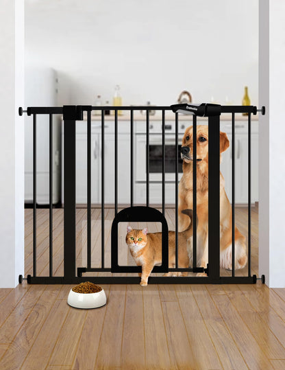 Babelio Upgraded Baby Gate with Cat Door, 29-43" Auto Close Durable Dog Gate for Stairs, Doorways and House, Easy Walk Thru Safety Gate with Pet Door Includes 4 Wall Cups, Black