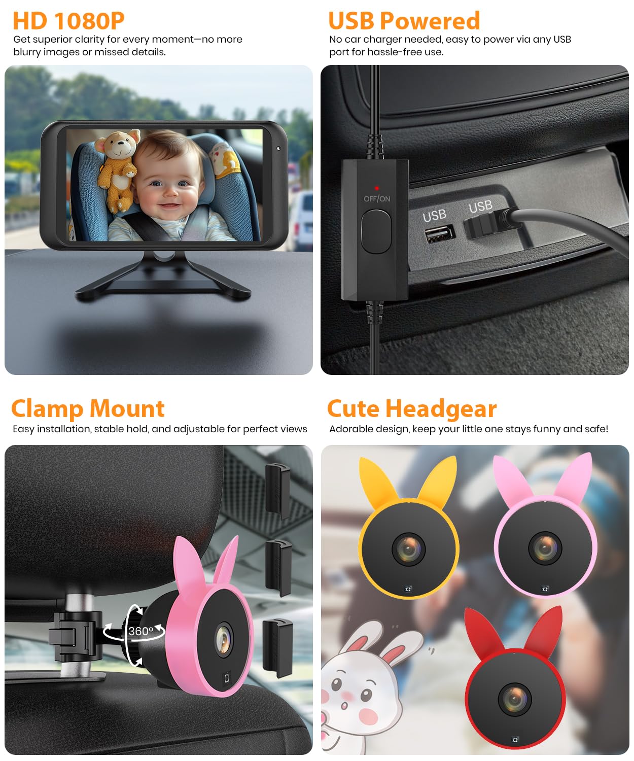 USB Baby Car Camera Plug-Play, 4.5" 1080P Easy Setup Backseat Camera with Flexible 360 Rotation, Clear Picture Rear Facing Car Seat Baby Monitor