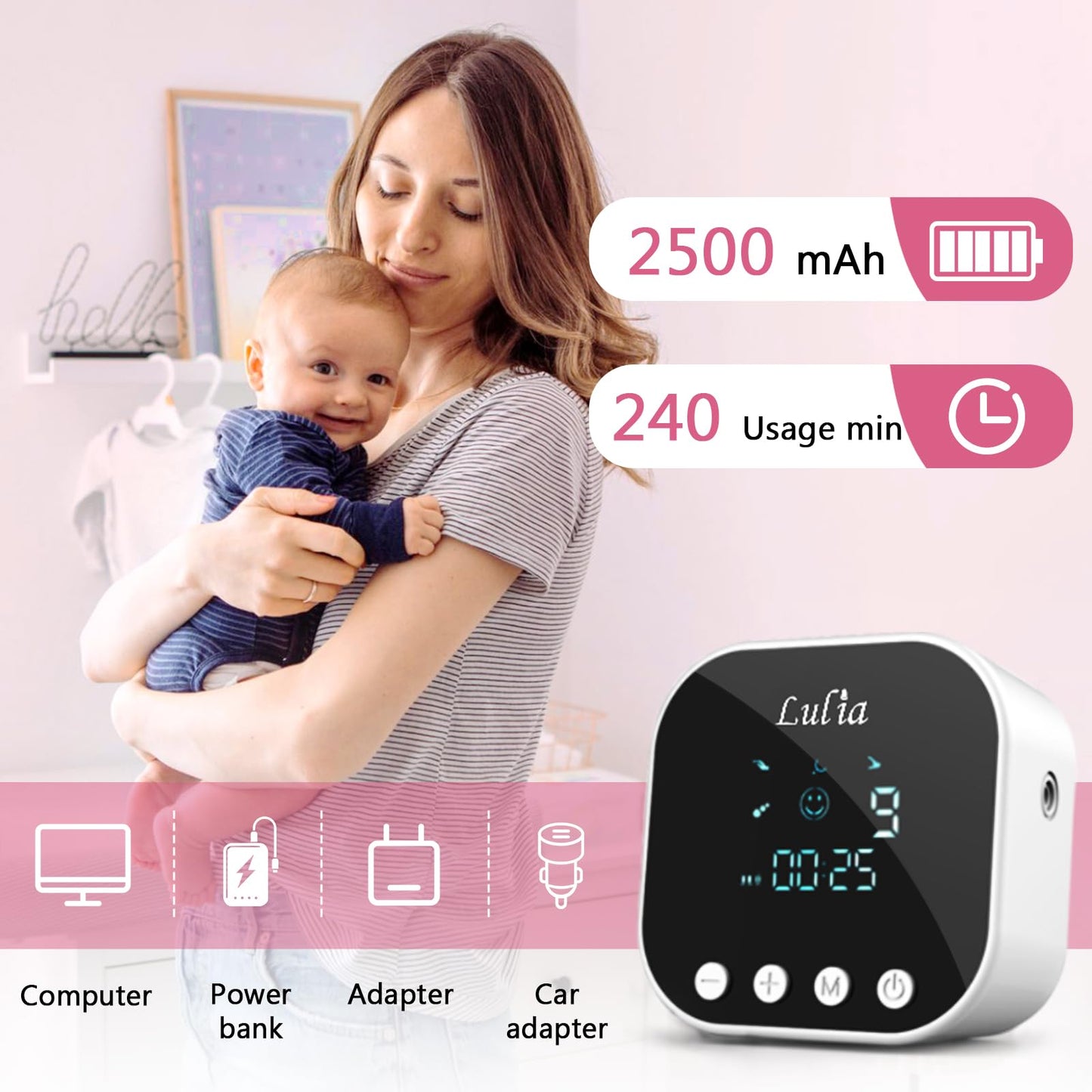 Lulia Double Electric Breast Pump Strong Suction, Portable Breast Pump Electric Breastfeeding Pump, Rechargeable Milk Pump with 4 Modes & 9 Levels, Low Noise, Anti-Backflow & LED Display, 24mm Flange