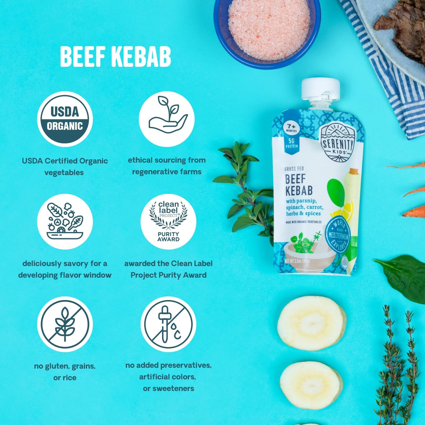 Serenity Kids 7+ Months World Explorers Baby Food Pouches Puree Made With Ethically Sourced Meats & Organic Veggies | 3.5 Ounce BPA-Free Pouch | Beef Chimichurri | 6 Count