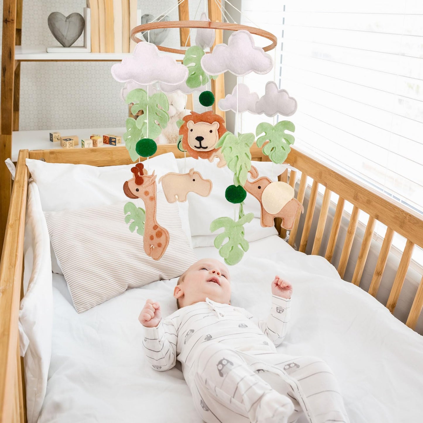 Safari Baby Mobile, Jungle Mobile for Crib, Crib Mobile for Boys and Girls, Nursery Mobile for Bassinet, Pack and Play,Lion Elephant Giraffe Hippopotamus Mobile