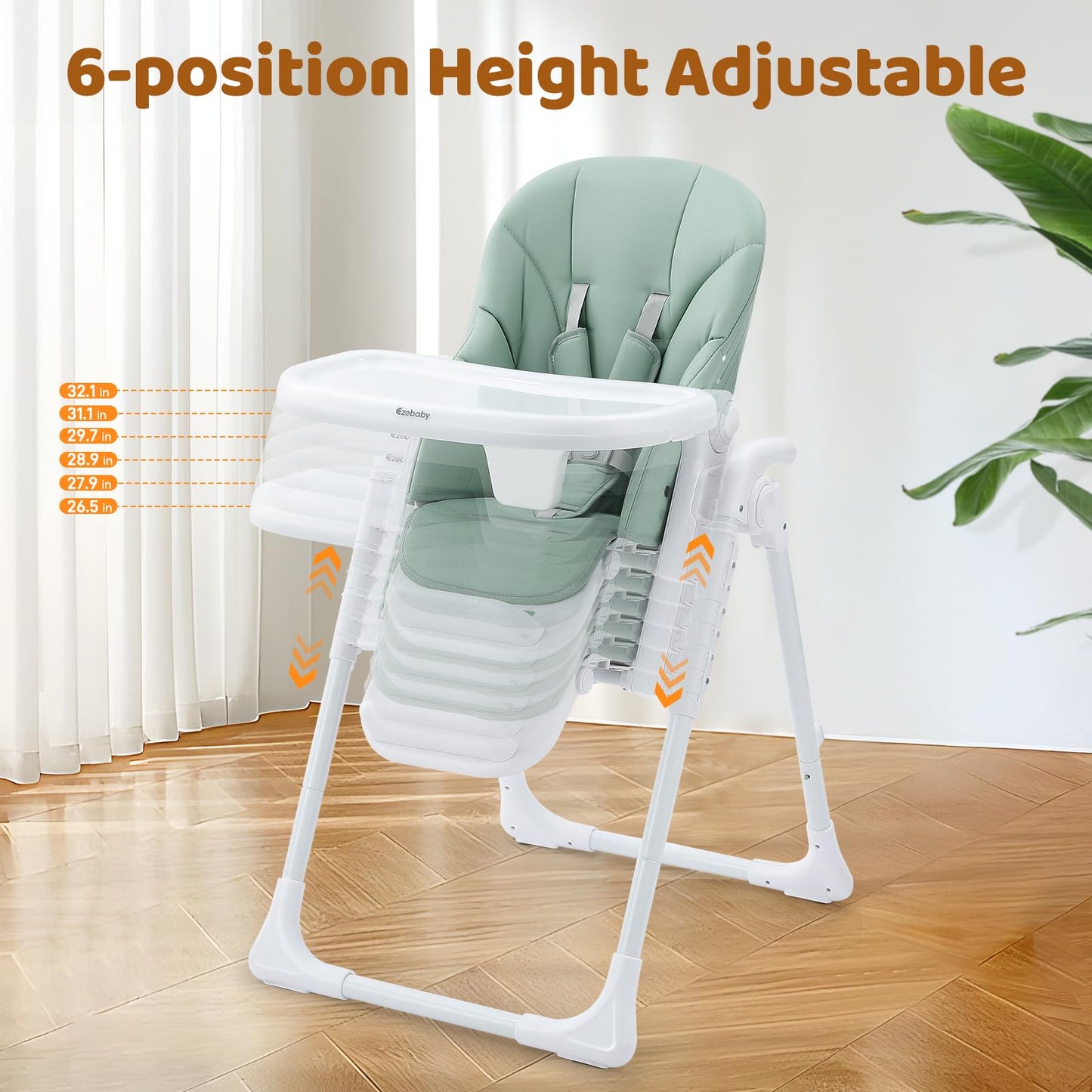 Ezebaby Foldable Baby High Chair – Portable High Chairs for Babies & Toddlers, Adjustable Height & Recline, 5-Point Harness, Removable Tray Baby Feeding Highchair