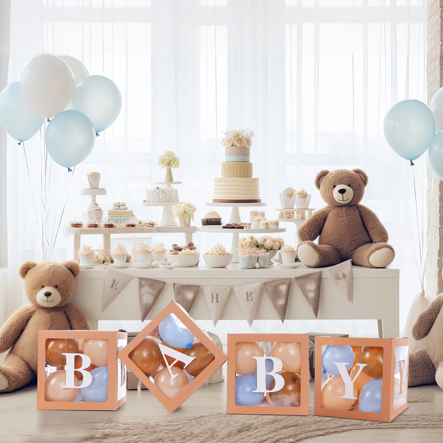 Zhanmai Baby Boxes for Bear Baby Shower Decoration with 4 Letters 36 Balloons 4pcs Transparent Clear Balloon Box Blocks for Boy Girl Balloon Boxes Gender Reveal Party Favors (Brown, Apricot, Blue)