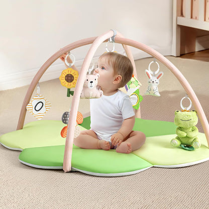 Baby Play Mat, Tummy Time Mat for Sensory Development, 4-Leaf Clover Baby Play Mat & Gym with 9 Detachable Toys, Portable & Easy to Clean, 0-9+ Months