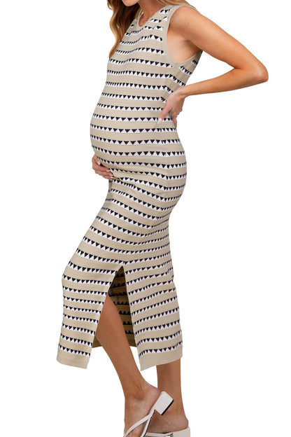 OUGES Women's 2025 Summer Maternity Dress Knit Sleeveless Crewneck Midi Dress Side Slit Striped Bodycon Sweater Dress