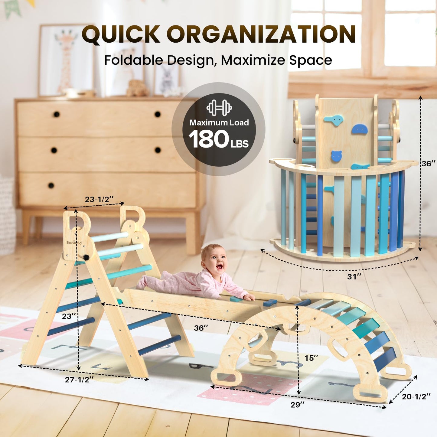 BlueWood Pikler Triangle Set 7-in-1 Foldable Baby Climbing Wooden Toys with Arch&Ramp&Ladder Climber Indoor Jungle Gyms for Toddlers - Rainbow
