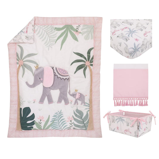 NoJo Tropical Princess Elephant/Jungle Pink and Green 4 Piece Crib Bedding Set - Comforter, Fitted Crib Sheet, Dust Ruffle and Storage