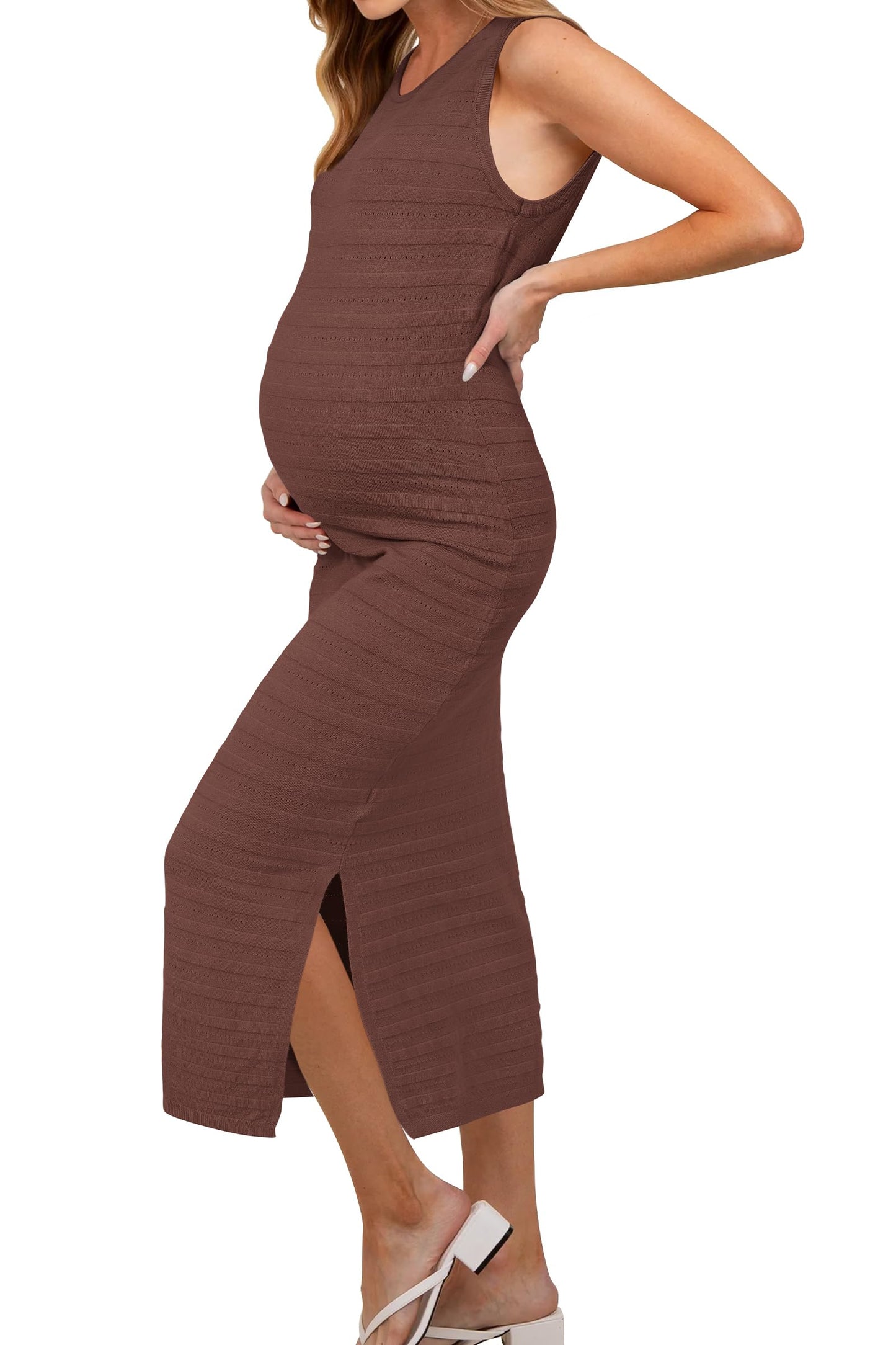 OUGES Women's 2025 Summer Maternity Dress Knit Sleeveless Crewneck Midi Dress Side Slit Striped Bodycon Sweater Dress