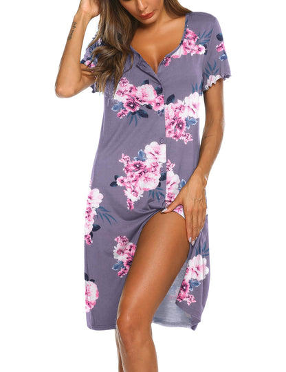 Ekouaer Women's Nightshirt Short Sleeve Button Down Nightgown V-Neck Sleepwear Pajama Dress