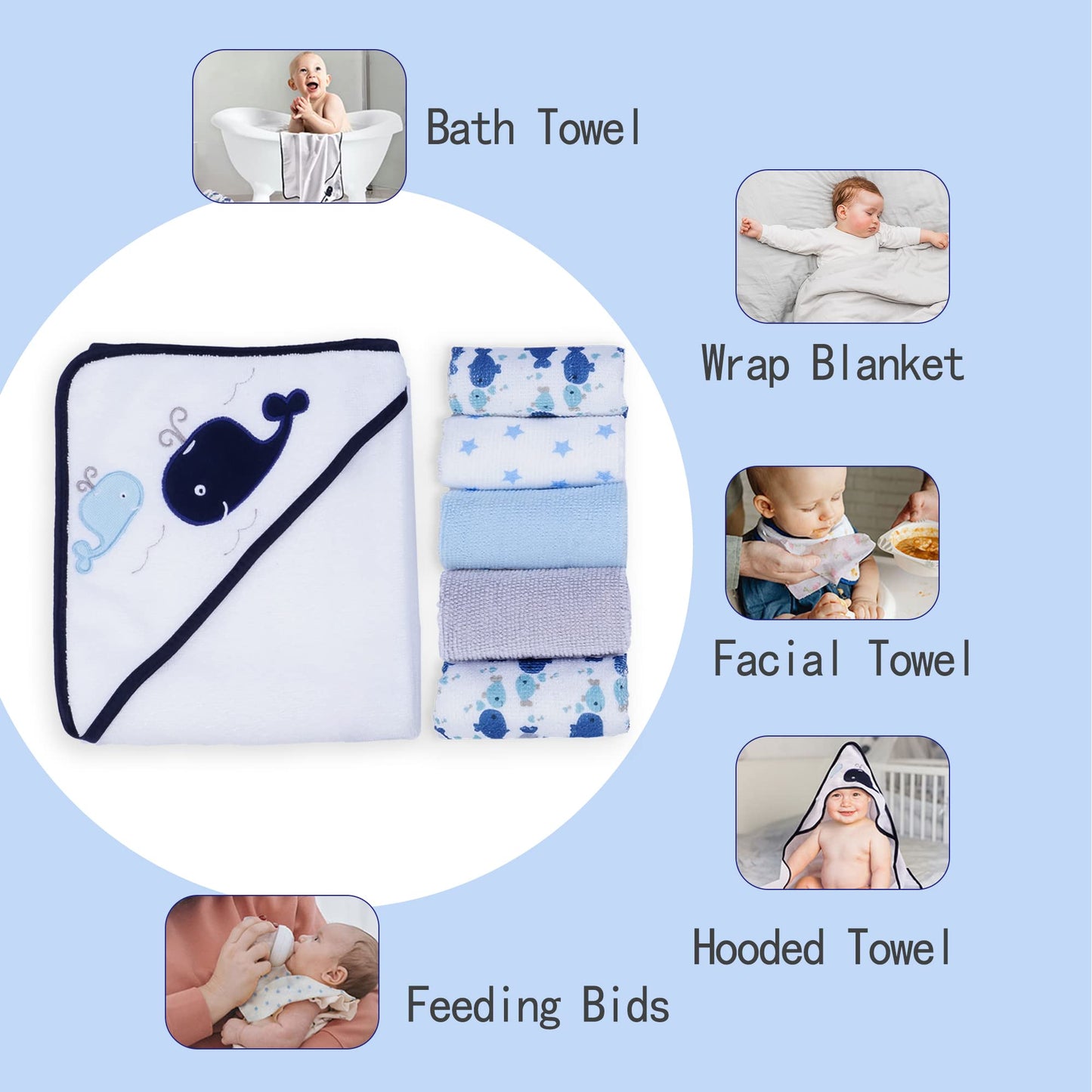 Viviland Baby Towels and Baby Wash Cloths Set Hooded Baby Towels Baby Wipes Absorbent Bath Face Towels Burp Cloths or Face Towels for Girl Boy 6-Pack Size 28 x 28 Inch(Elephant Flower)