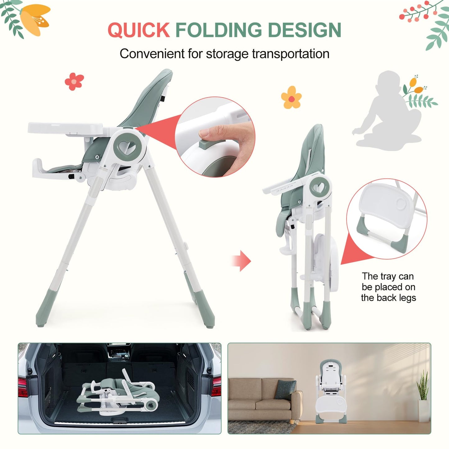 Foldable Baby High Chair with Adjustable Height, 5 Recline Positions & Removable Double Tray - Easy Clean, Space-Saving Infant Highchair for Toddlers, 5-Point Harness & Compact Design