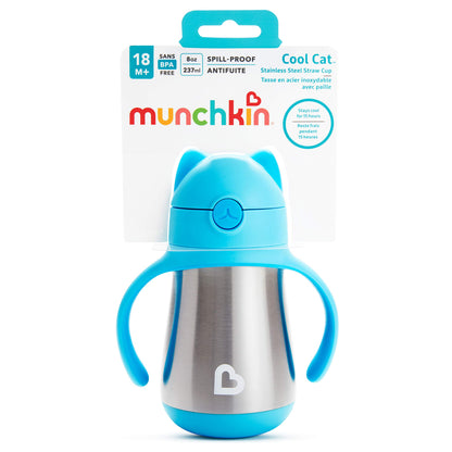 Munchkin Cool Cat Sippy Cup for Toddlers, Stainless Steel Straw Cup, 8 Ounce, Pink