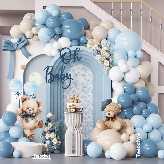 Dusty Blue Balloon Arch Garland Kit, 141 Pcs Sand White Baby Blue White Balloons for Baby Shower Decorations, Gender Reveal, Birthday, Wedding Decoration
