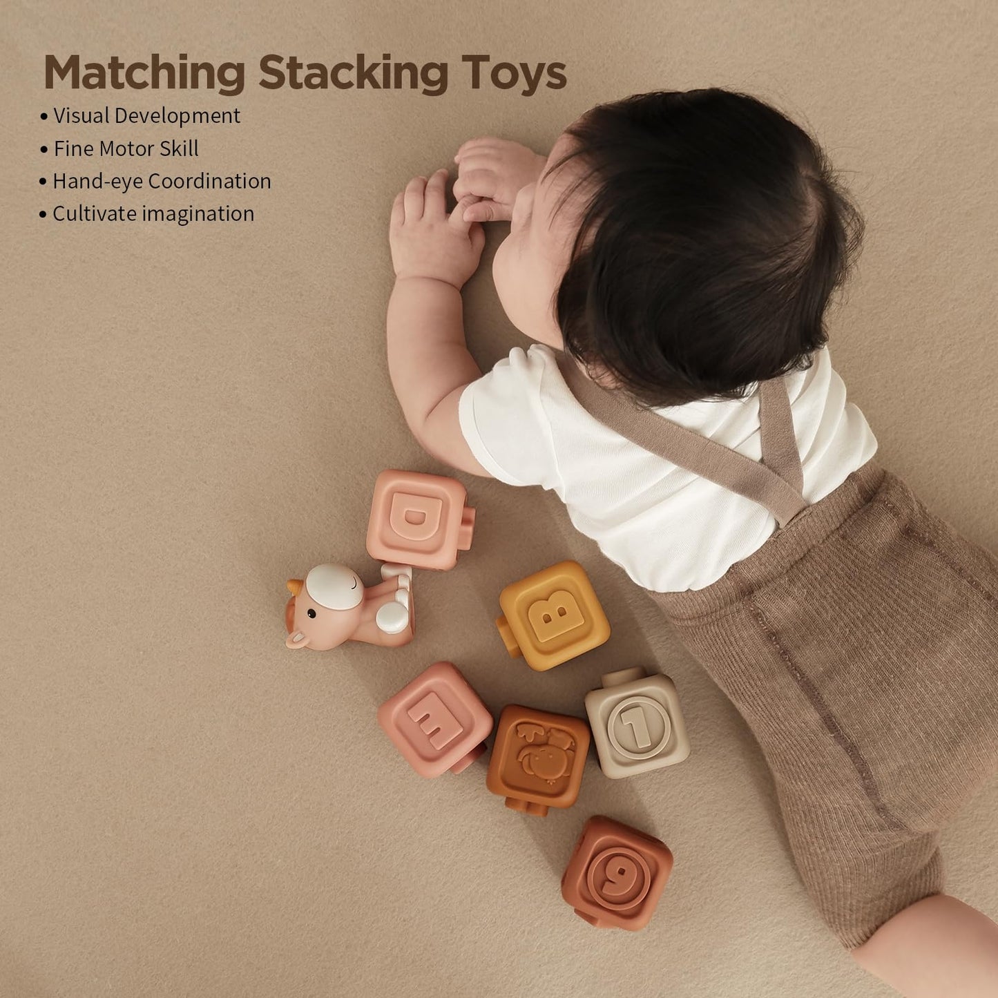 Nueplay 13 Pcs Building Circle & Blocks, Stacking & Nesting Baby Toys with Horse Figure, Newborn Essentials Squeeze Teething Toy Gifts for 6 12 18 Months Baby Toddler Girls