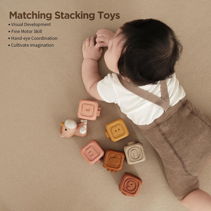 Nueplay 13 Pcs Building Circle & Blocks, Stacking & Nesting Baby Toys with Horse Figure, Newborn Essentials Squeeze Teething Toy Gifts for 6 12 18 Months Baby Toddler Girls