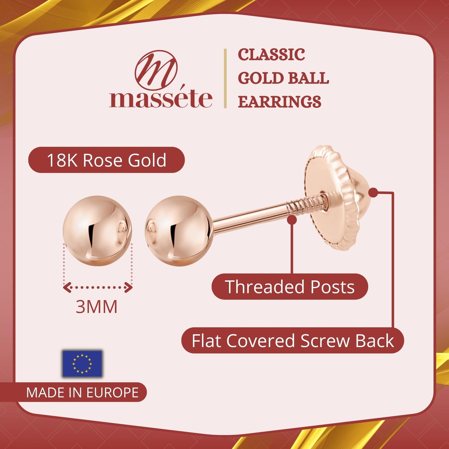 MASSETE Gold Ball Stud Earrings for Women and Girls Screwback | 10k, 14k, 18k | White Yellow or Rose Gold | 3mm 4mm 5mm | Nickel Free