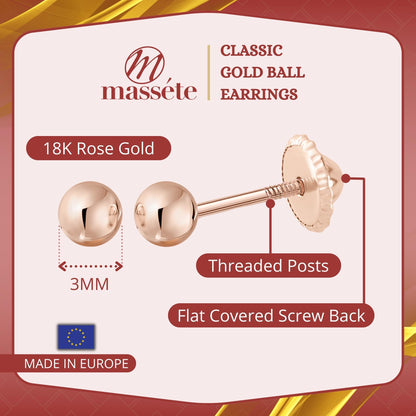 MASSETE Gold Ball Stud Earrings for Women and Girls Screwback | 10k, 14k, 18k | White Yellow or Rose Gold | 3mm 4mm 5mm | Nickel Free