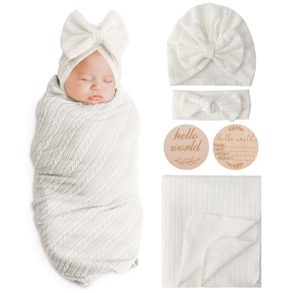 Newborn Receiving Blanket with Bow Hat Mittens Wooden Card Set Wheat-Pattern Newborns Toddler Baby Boy Girl Nursery Swaddle Wrap