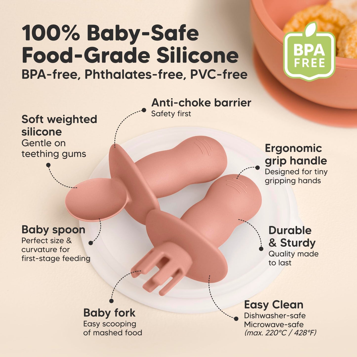 KeaBabies 4-Pack Silicone Baby Spoons and Forks Set - Baby Led Weaning Utensils 6-12 Months, Self Feeding Toddler Spoon & Fork for Training, Teething, Easy to Hold, BPA-Free Silicone (Roseate)