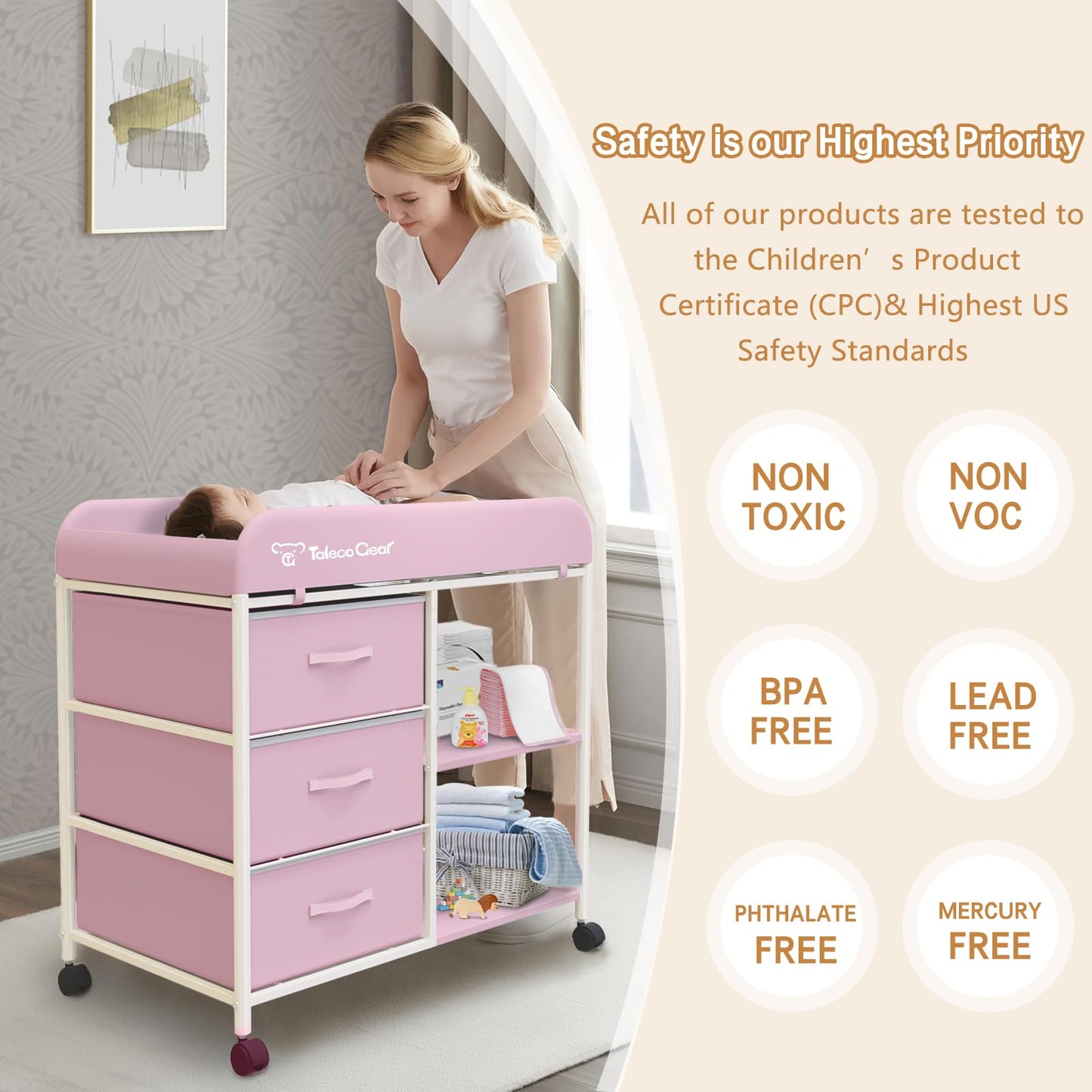 G TALECO GEAR Baby Changing Table, Portable Changing Table, Diaper Changing Station with Waterproof Pad, Changing Table Dresser with 3 Storage Baskets, Mobile Nursery Organizer for Newborn Essentials