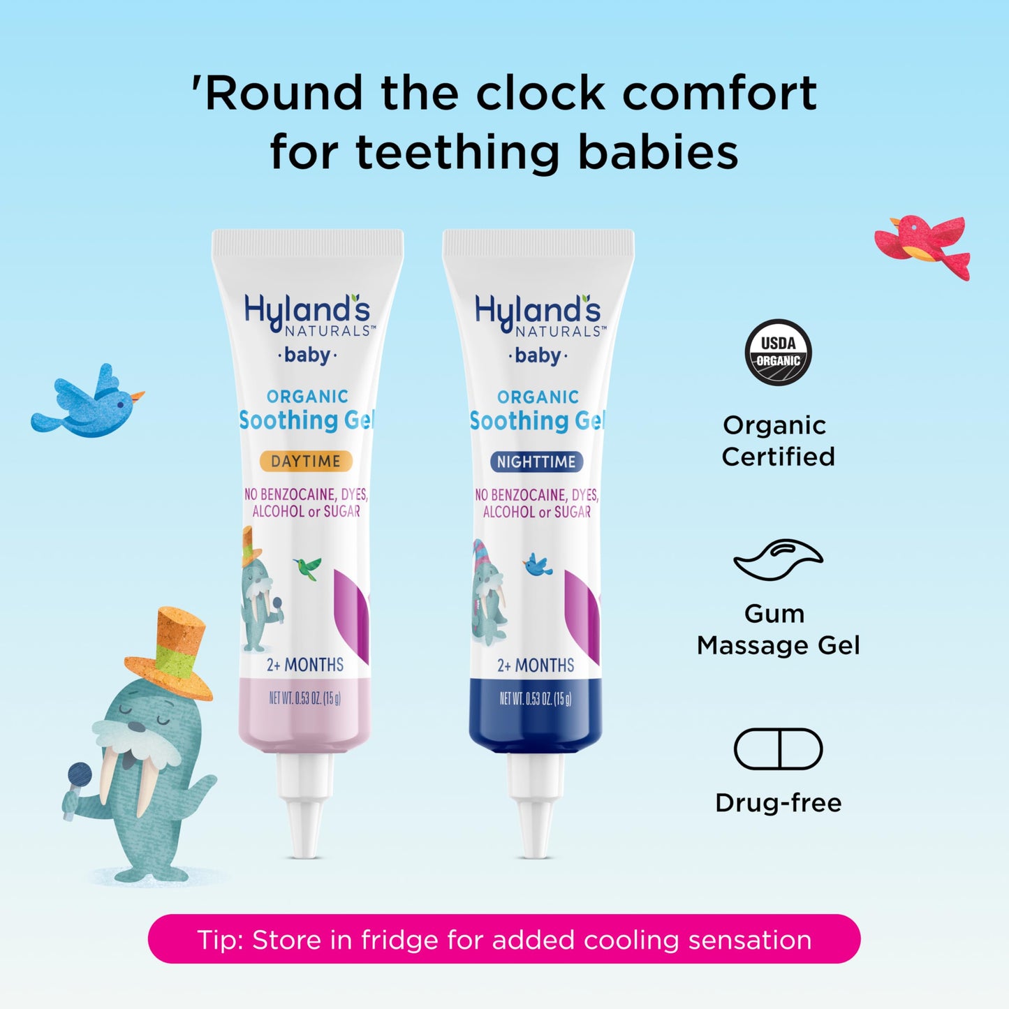 Hyland's Baby Organic Day and Night Soothing Gel Combo Pack, Cooling Gel for Oral Discomfort, Easy-to-Apply, Ages 2 Months and Up, 1.06 Ounce (2 Tubes of 0.53 oz.)