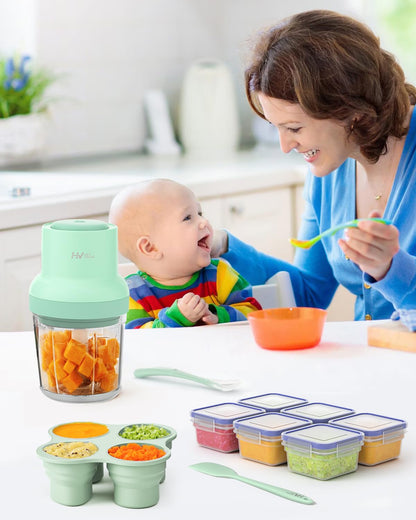HEYVALUE Baby Food Maker, 13-in-1 Baby Food Puree Blender for Baby Food, Fruit, Vegatable, Meat, with Food Containers, Baby Food Processor Freezer Tray, Silicone Spoons, Silicone Spatula(Light Green)