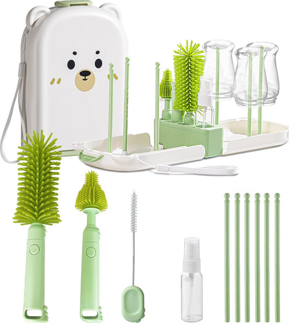 Travel Baby Bottle Cleaner Kit with Storage Case – 6-in-1 Compact Bottle Brush Set for Infant Feeding, Breast Pump Parts & On-The-Go Washing – Baby Travel Essentials for Flying (Green)