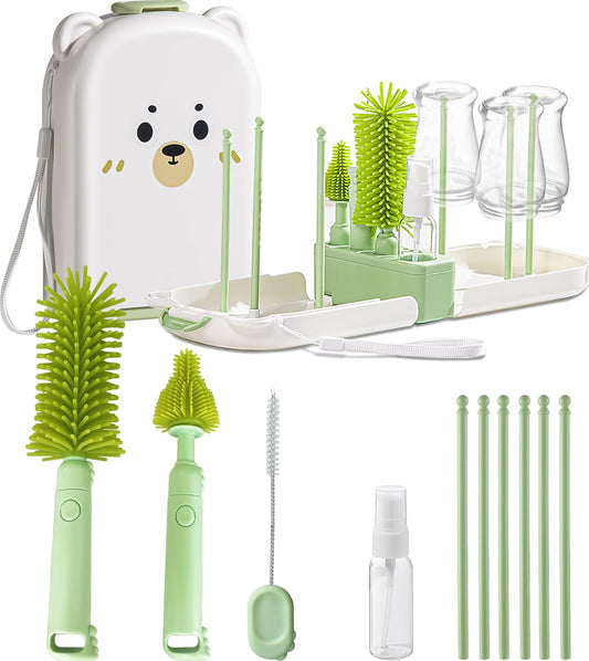 Travel Baby Bottle Cleaner Kit with Storage Case – 6-in-1 Compact Bottle Brush Set for Infant Feeding, Breast Pump Parts & On-The-Go Washing – Baby Travel Essentials for Flying (Green)