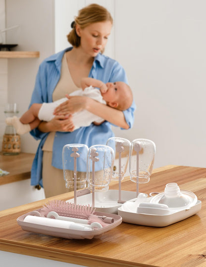Momcozy Bottle Brush Kit, Innovative Push-Press Design for Better Cleaning - Baby Bottle Cleaner Brush for Baby Bottle, Breast Pumps, Nipples, and More - Can Generate Foam for Better Cleaning, Pink