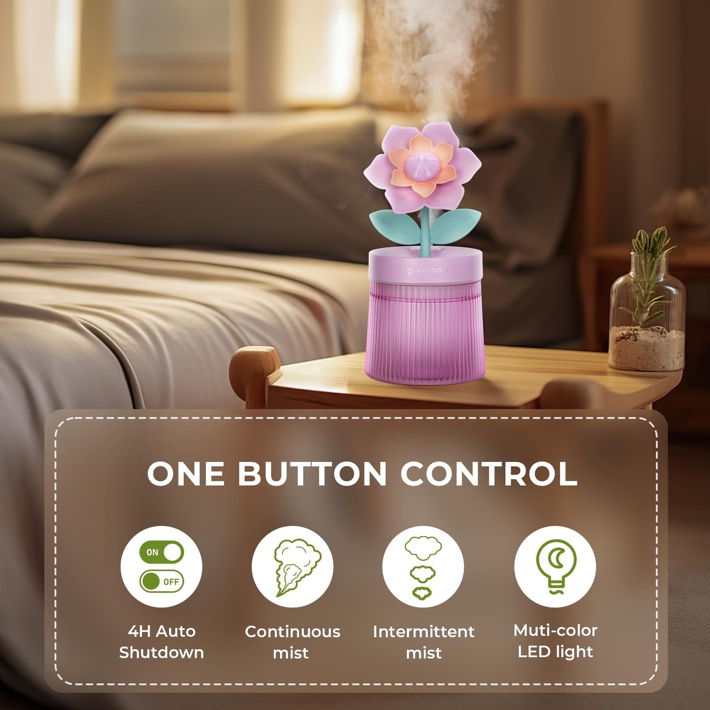 Cute Flower Mini Humidifier, 260ml Gardenia Desktop Humidifiers for Bedroom, Portable Small Cool Mist Humidification for Home, Baby Nursery, Office & Indoor Plants, USB Powered (Pink)