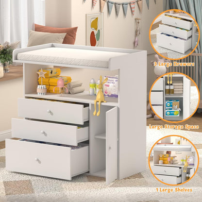 Baby Changing Table Dresser with Wide Tabletop, 3 Drawers & 1 Cabinet, 1 Storage Cubbies，Baby Dresser with Changing Table Top, Perfect for Baby Bedrooms & Nurseries
