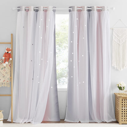 NICETOWN Nursery Curtains for Kids, Farmhouse Blackout Curtain Panels for Bedroom, Double Layer Star Hollow-Out Grommet Aesthetic Living Room Toddler Window Curtains, 2 Pcs, W52 x L84, Biscotti Beige