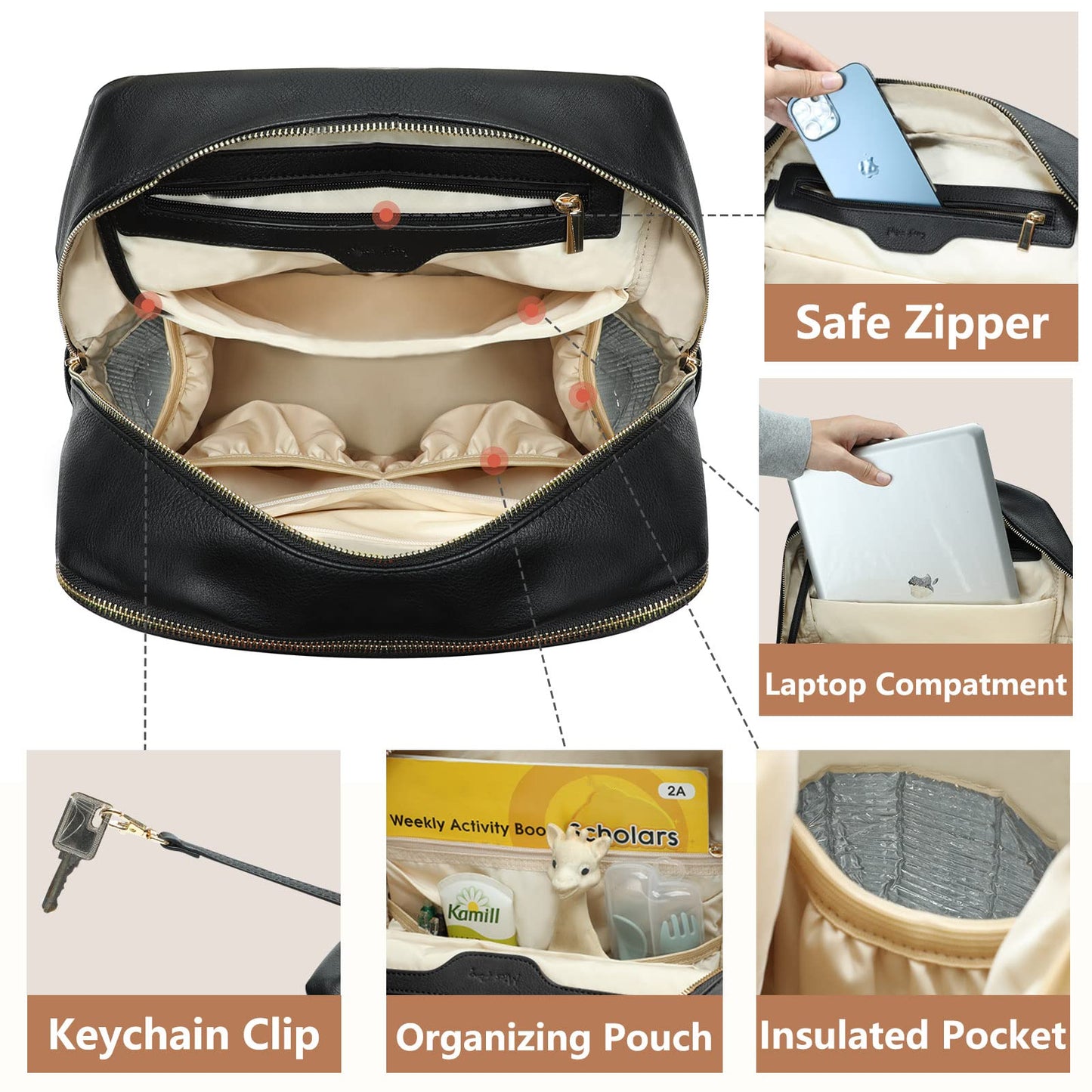 miss fong Diaper Bag Backpack Baby Diaper Bag for baby boy and girls, Leather Baby Bag with 13 diaper bag organizing pouches, Changing Pad, Stroller Straps and 4 Insulated Pockets(Black)