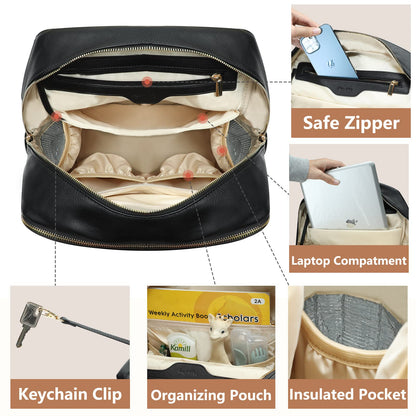 miss fong Diaper Bag Backpack Baby Diaper Bag for baby boy and girls, Leather Baby Bag with 13 diaper bag organizing pouches, Changing Pad, Stroller Straps and 4 Insulated Pockets(Black)