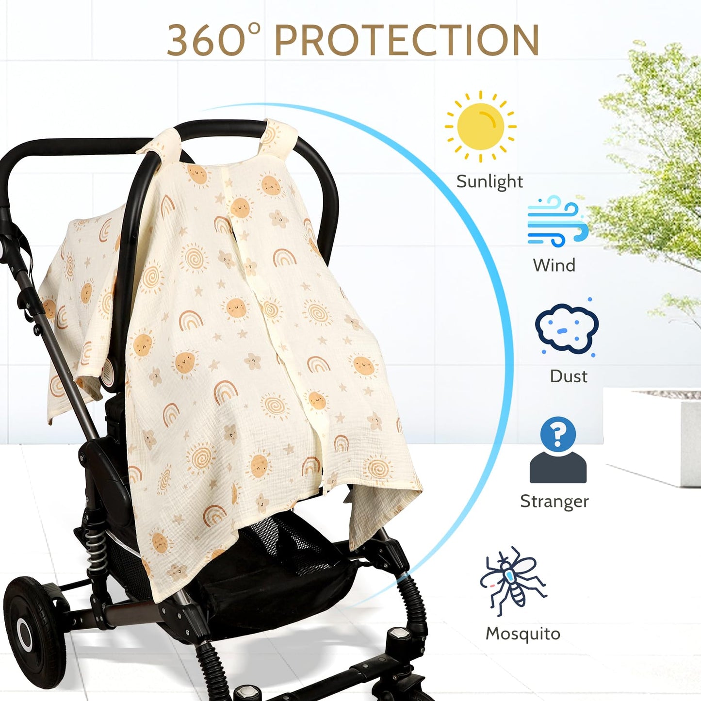 Muslin Car Seat Cover Baby Girls Boys, Summer Cotton Baby Car Seat Cover for Carseat, Comfortable Nursing Cover, Soft Baby Blanket, Breathable Lightweight Infant Stroller Canopy, Rainbow
