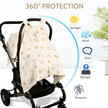 Muslin Car Seat Cover Baby Girls Boys, Summer Cotton Baby Car Seat Cover for Carseat, Comfortable Nursing Cover, Soft Baby Blanket, Breathable Lightweight Infant Stroller Canopy, Rainbow