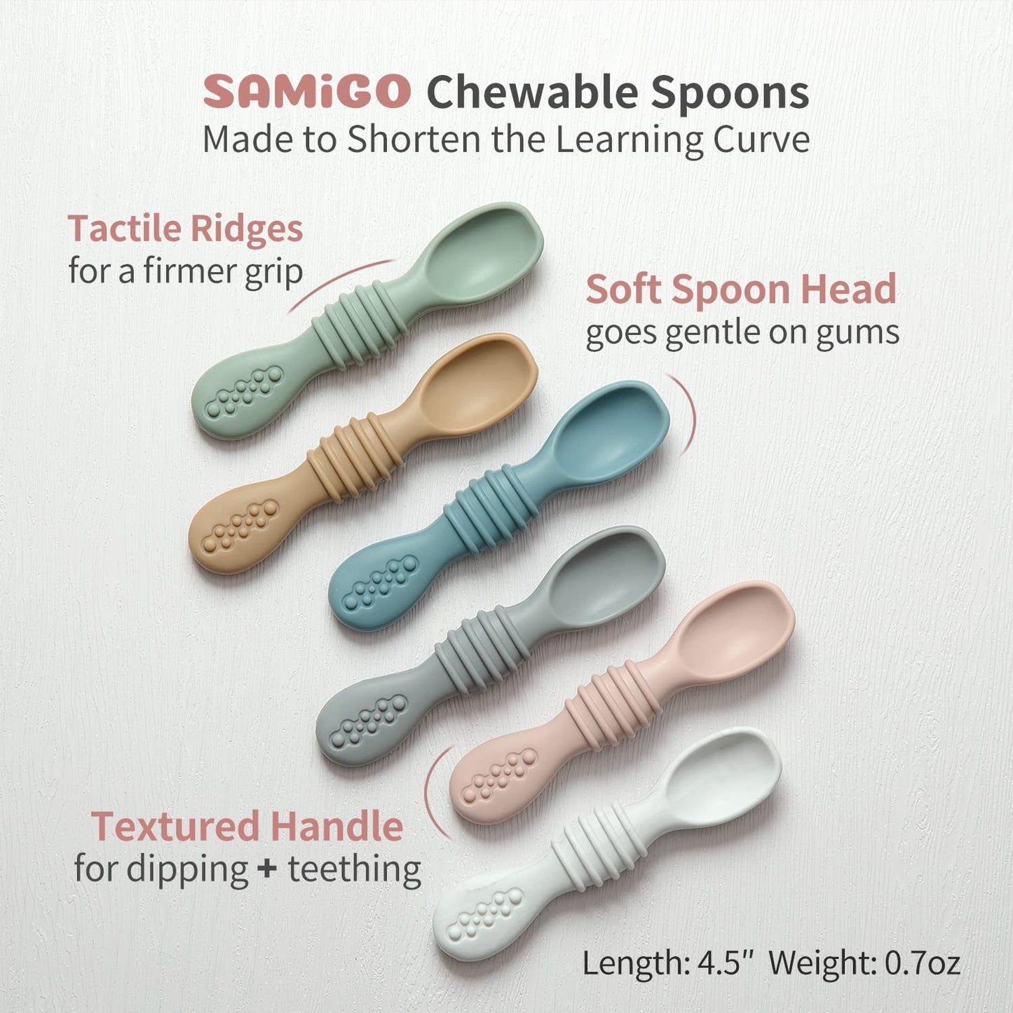 SAMiGO Silicone Baby Utensils - Self Feeding Spoons and Tiny Training Cup - First Stage Baby Led Weaning Supplies for 6 Months+ Infants - Set of 3