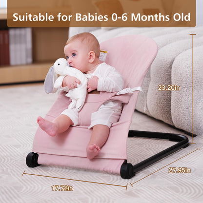 Baby Bouncer,Baby Bouncer Seat,Portable Infant Bouncer with 3-Point Safety Harness,Ergonomic Bouncy Seat, Newborns Bouncer for Babies 0-6 Months up to 20lbs,ASTM-Certified(Pink)