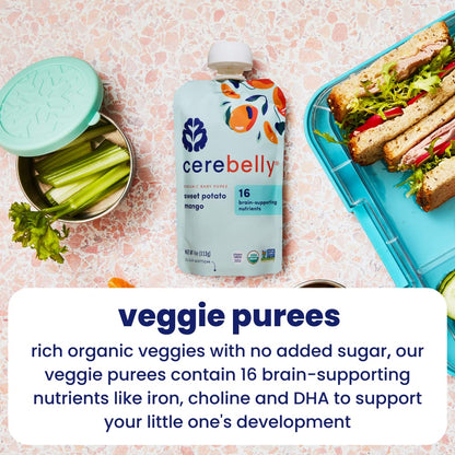 Cerebelly Organic Baby Food Pouches Variety Pack – Organic Veggie Purees for Toddlers | No Added Sugar, Fiber, Non-GMO | Blended Toddler Pouches | 4 Ounce BPA-Free Pouch | 4 Flavors | 8 Count