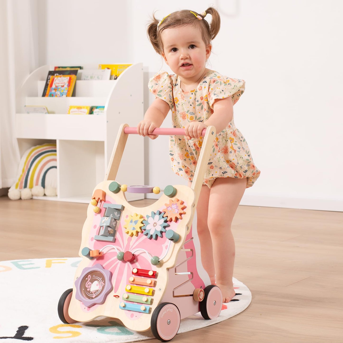 Giant bean Wooden Baby Walker for Girls Toddler Kids 1-3, Pink Butterfly Push and Pull Multiple Learning Activity Walker with Wheels, Christmas Gift Develops Motor Skills & Stimulates Creativity