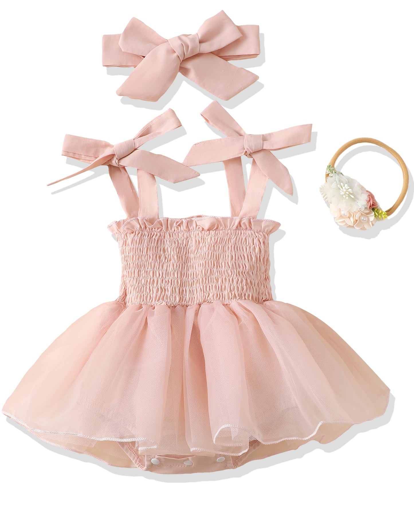 Renotemy Baby Girl Tulle Dress Sleeveless Romper Smocked Halter 1st Birthday Clothes Cake Smash Outfits with Flower Headband