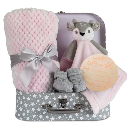 Baby Blue Bunny Security Blanket & Keepsake Box - Soft Fleece, Booties & Gift Basket - Unique Newborn Present