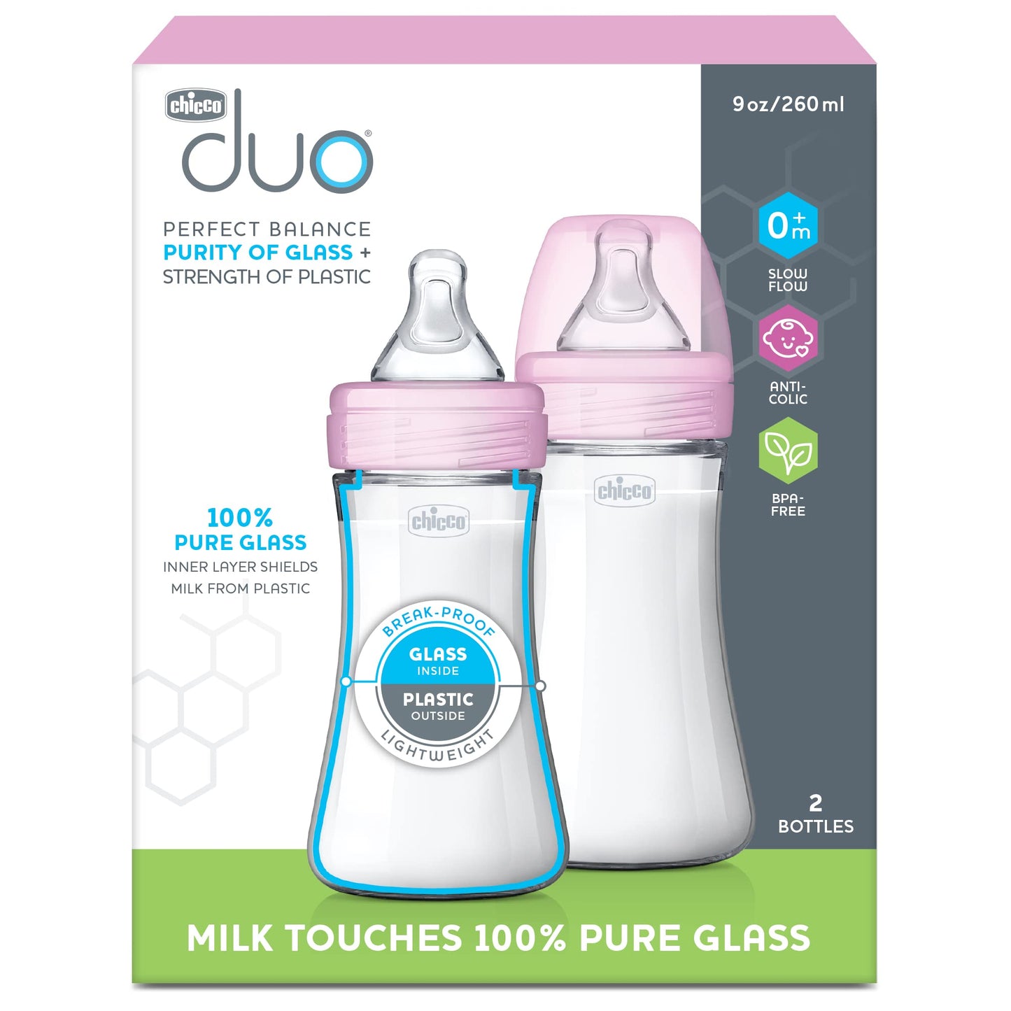 Chicco Duo 5oz. Hybrid Baby Bottle with Invinci-Glass Inside and Plastic Outside | Dishwasher, Bottle Warmer, and Electric Sterilizer Safe | Intui-Latch Nipple | Clear/Grey, 2pk