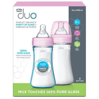 Chicco Duo 5oz. Hybrid Baby Bottle with Invinci-Glass Inside and Plastic Outside | Dishwasher, Bottle Warmer, and Electric Sterilizer Safe | Intui-Latch Nipple | Clear/Grey, 2pk