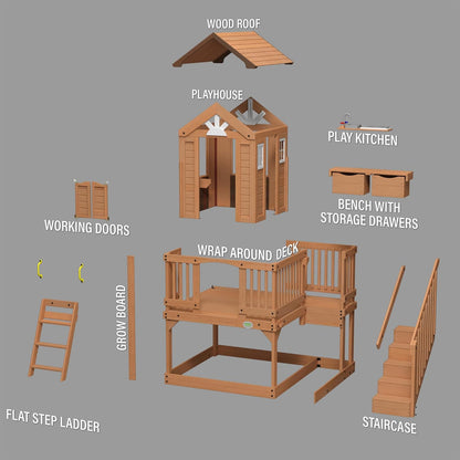 Backyard Discovery Scenic Heights Elevated Cedar Wooden Kids Playhouse with Play Kitchen, Wrap-Around Deck, Toy Storage Bench, Saloon-Style Doors, Ladder, Stairs, and Growth Chart for Outdoor Play