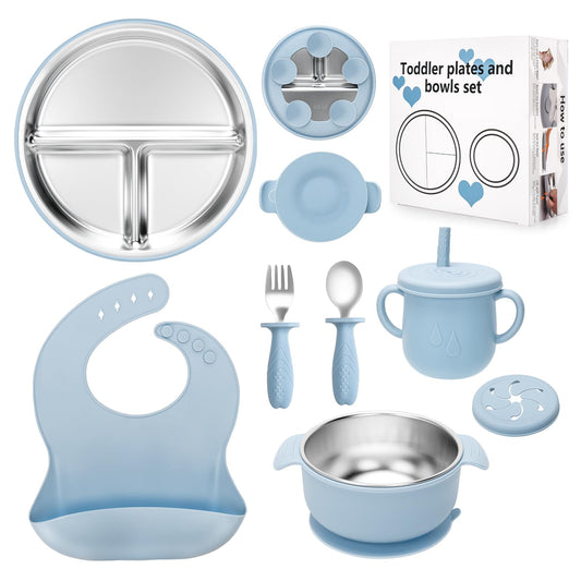 Baby Weaning Bundle, Silicone Baby Feeding Set, Comes with Detachable Silicone Stainless Steel Toddlers Plate and Bowl set, Baby Bib and 2-in-1 Water Cup and spoons (Blue)