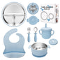 Baby Weaning Bundle, Silicone Baby Feeding Set, Comes with Detachable Silicone Stainless Steel Toddlers Plate and Bowl set, Baby Bib and 2-in-1 Water Cup and spoons (Blue)